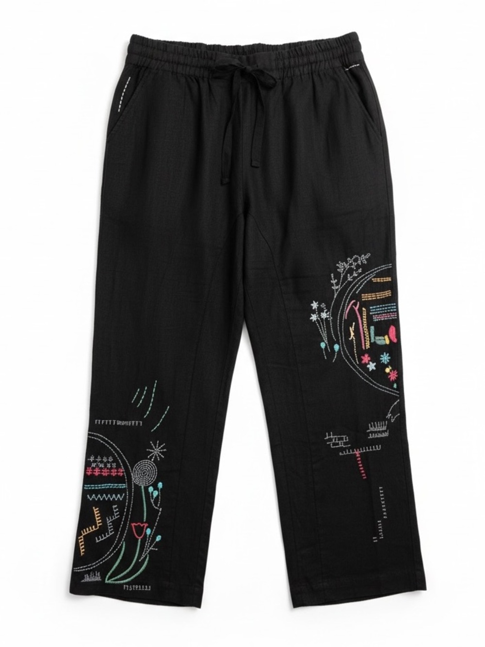 Johnny Was Peter & Greta Linen Wide Leg Embroidered Pants Black Size Large